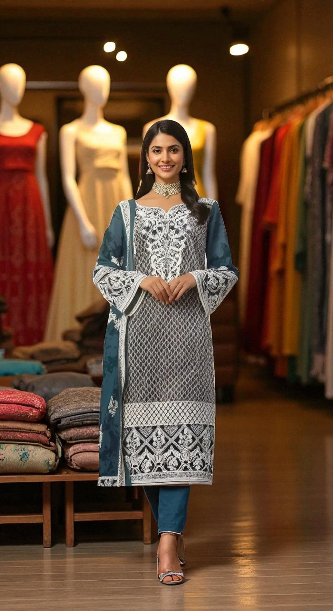 HUSNARA Georgette with Exclusive Zari, Thread and Sequence Embroidery Work Bottom & Inner Dress