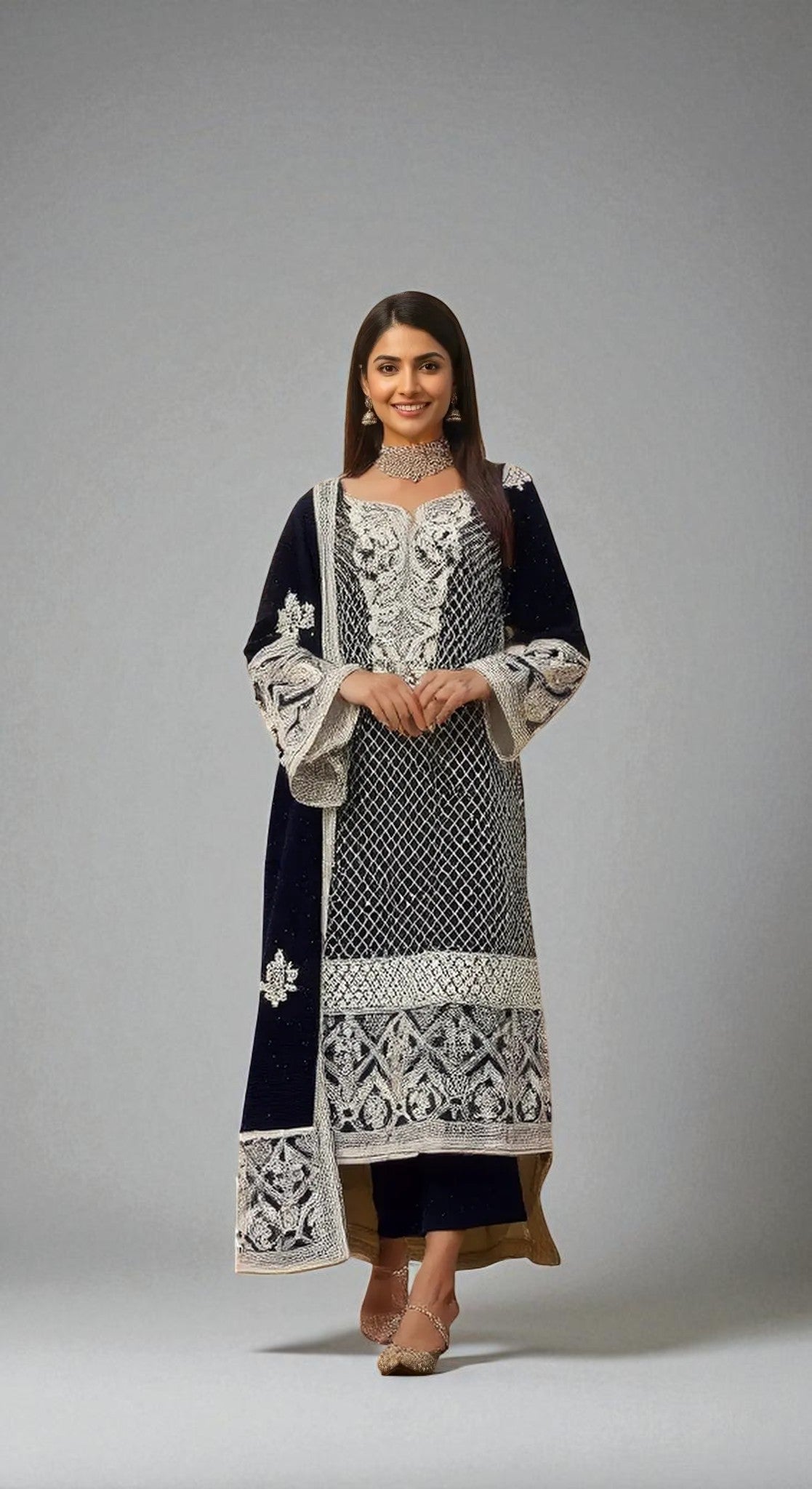 HUSNARA Georgette with Exclusive Zari, Thread and Sequence Embroidery Work Bottom & Inner Dress