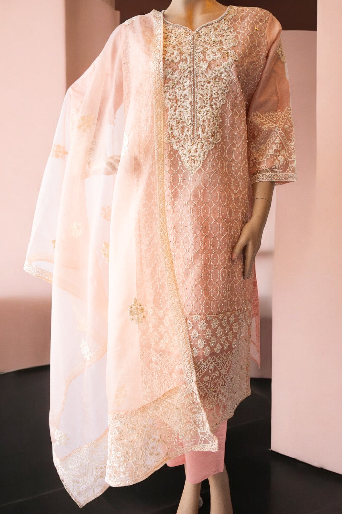 HUSNARA Georgette with Exclusive Zari, Thread and Sequence Embroidery Work Bottom & Inner Dress