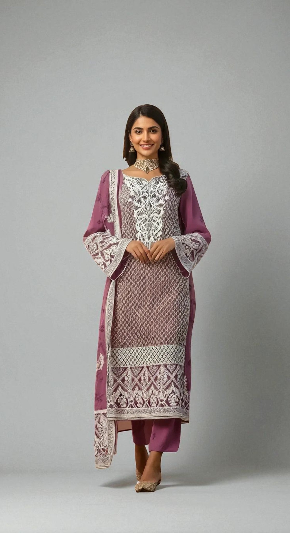 HUSNARA Georgette with Exclusive Zari, Thread and Sequence Embroidery Work Bottom & Inner Dress