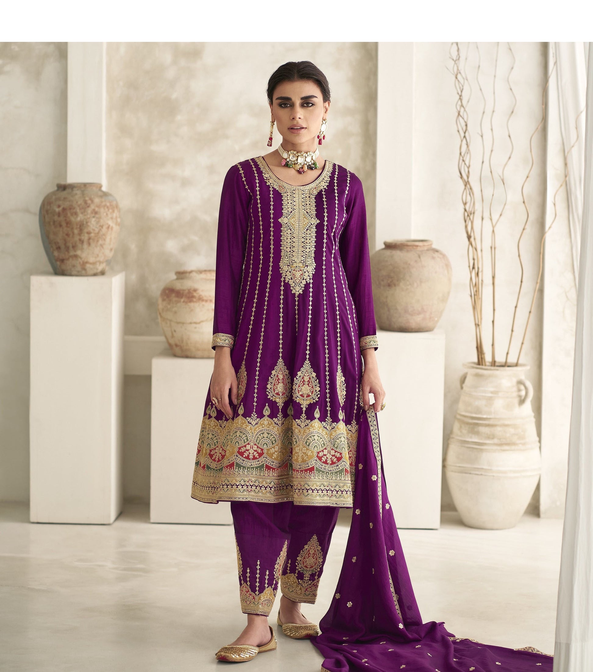 Purple Multi Embroidered Style Punjabi Suit