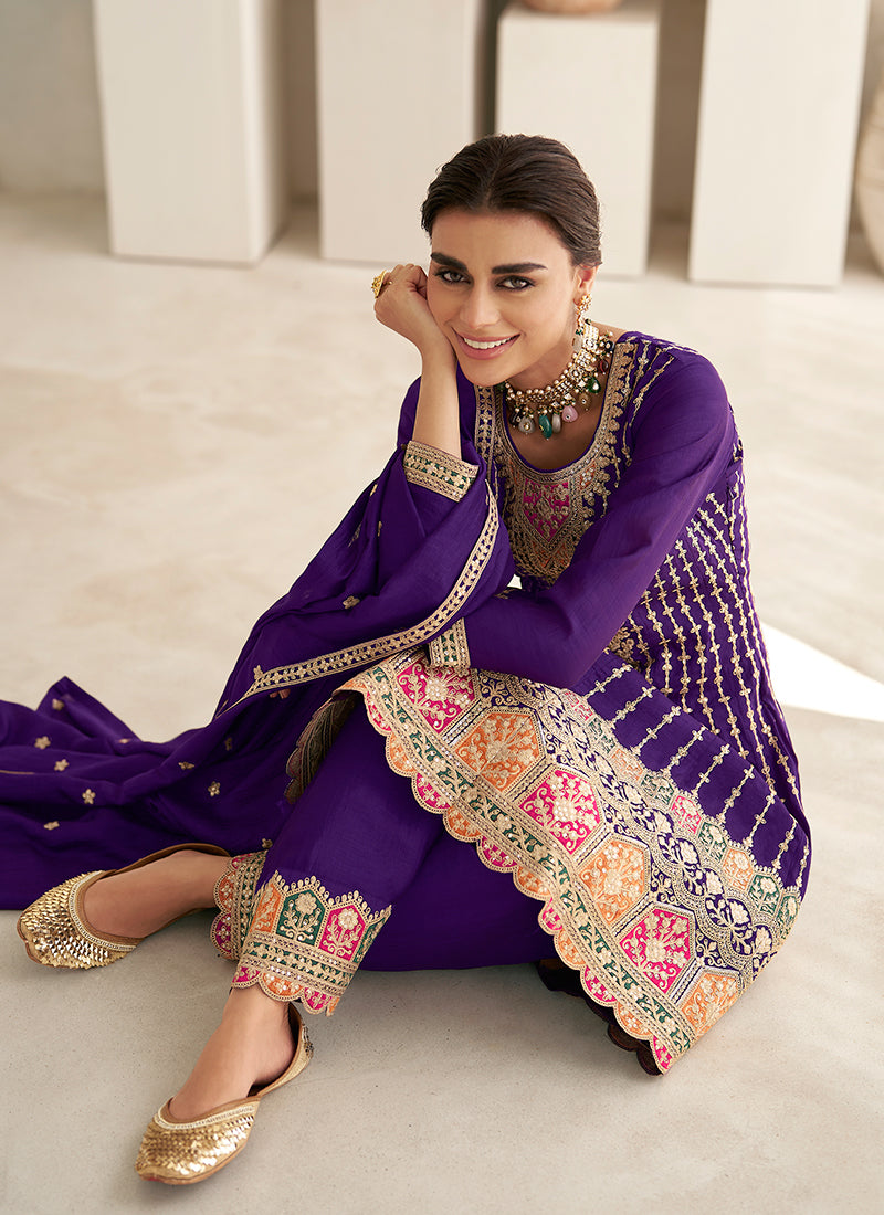Purple Multi Embroidered Style Punjabi Suit