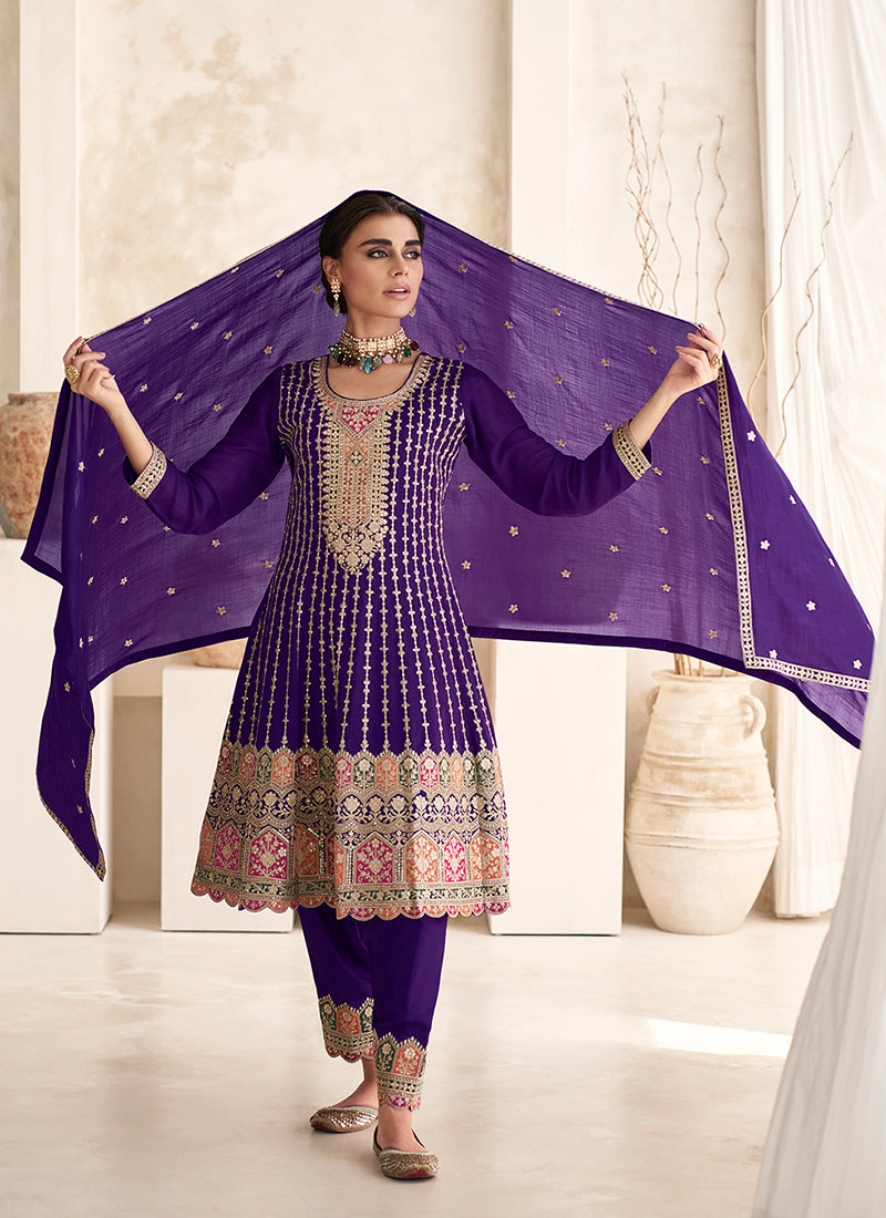 Purple Multi Embroidered Style Punjabi Suit