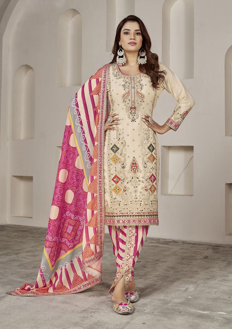 Gulzar Phool Zari Cream Embroidered Chinon Kurta Set
