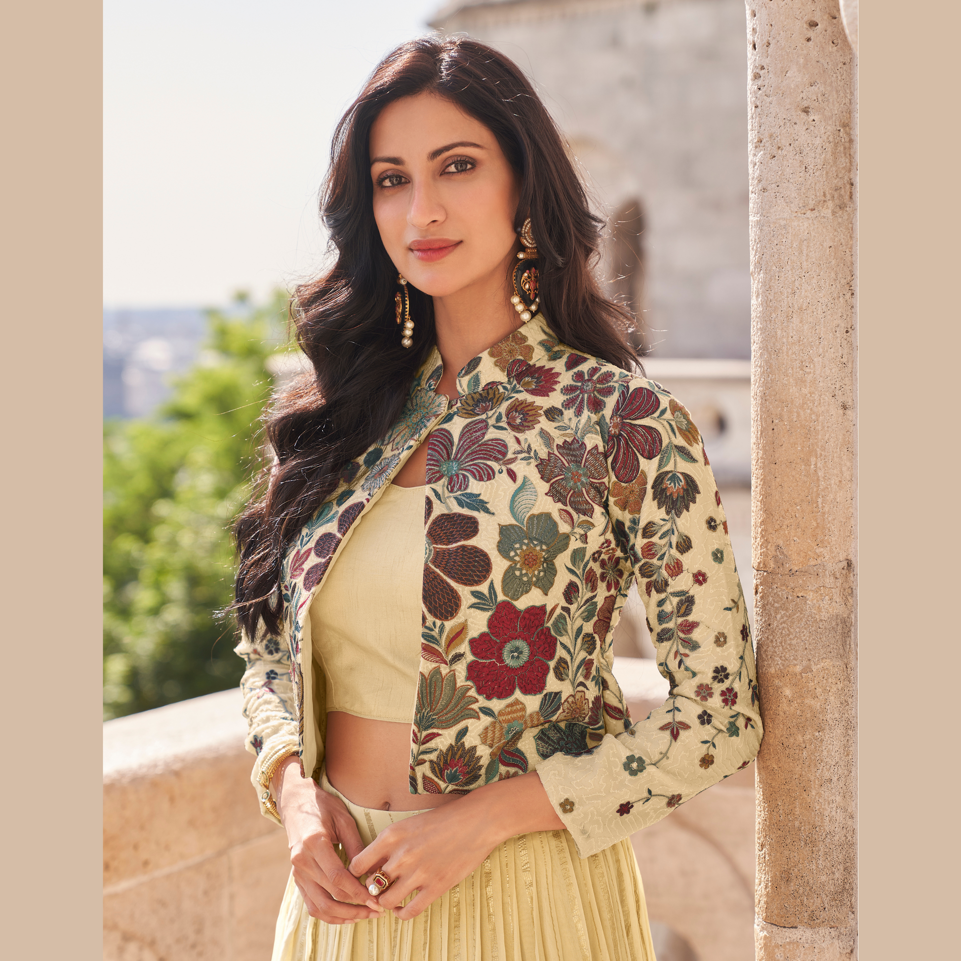 Luxe Embroidered Gown with Floral Jacket