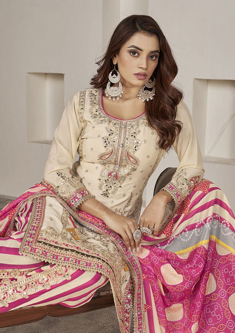 Gulzar Phool Zari Cream Embroidered Chinon Kurta Set