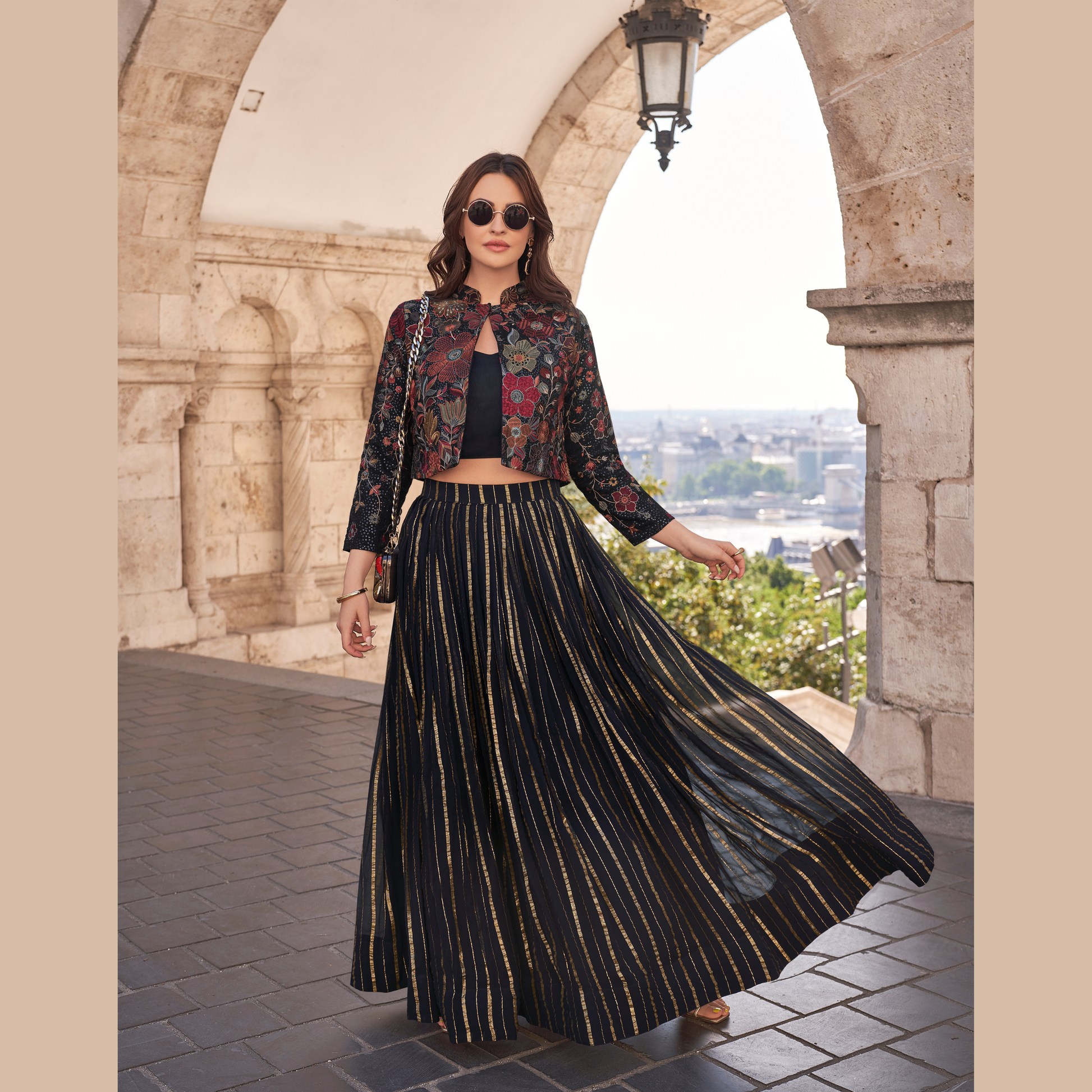 Luxe Embroidered Gown with Floral Jacket