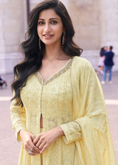 SAYURI AFSANA Yellow Embroidered Readymade Georgette Sharara Suit