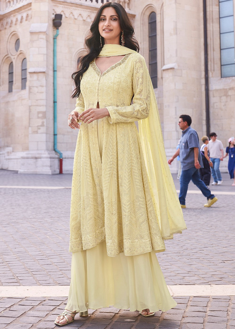 SAYURI AFSANA Yellow Embroidered Readymade Georgette Sharara Suit