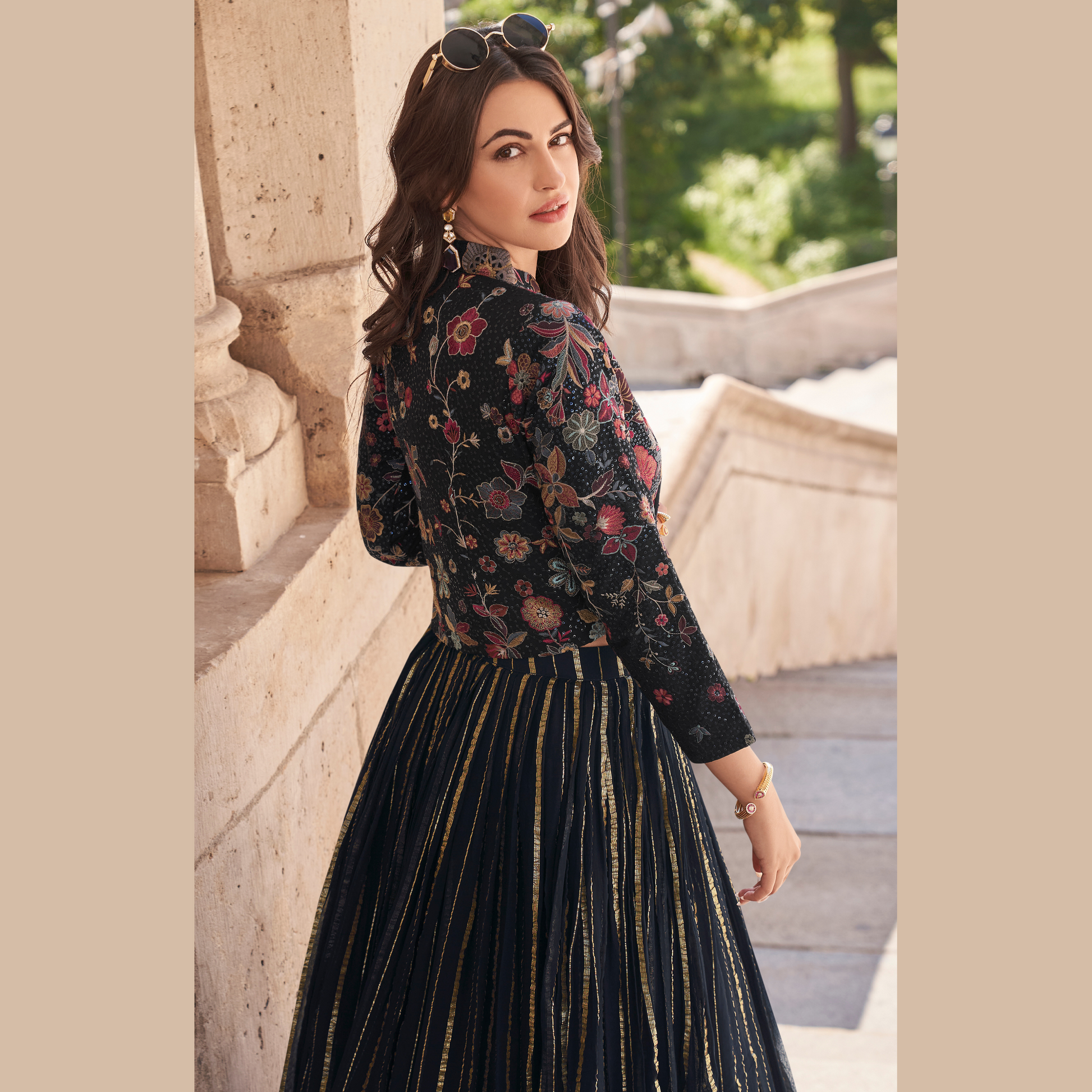 Luxe Embroidered Gown with Floral Jacket