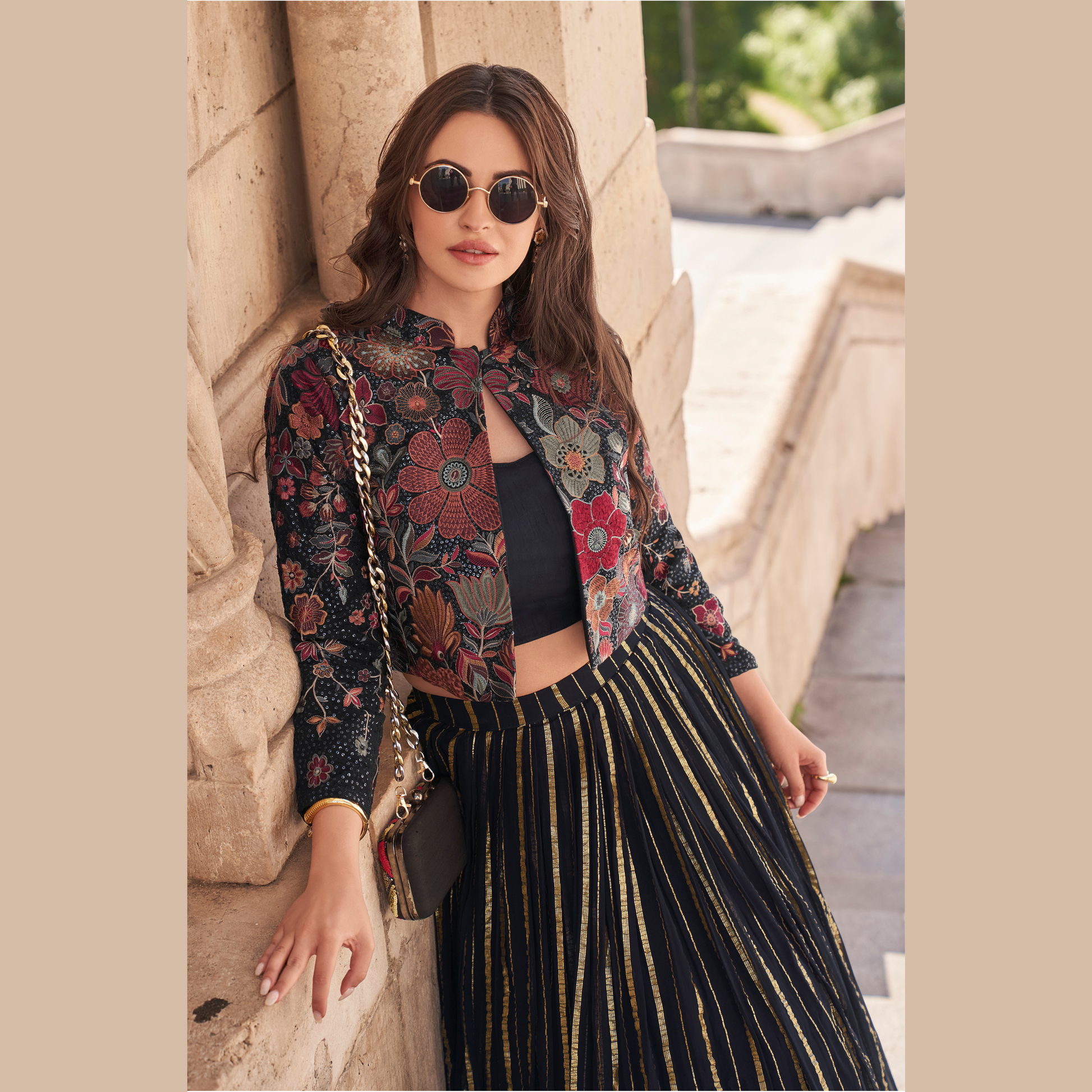 Luxe Embroidered Gown with Floral Jacket