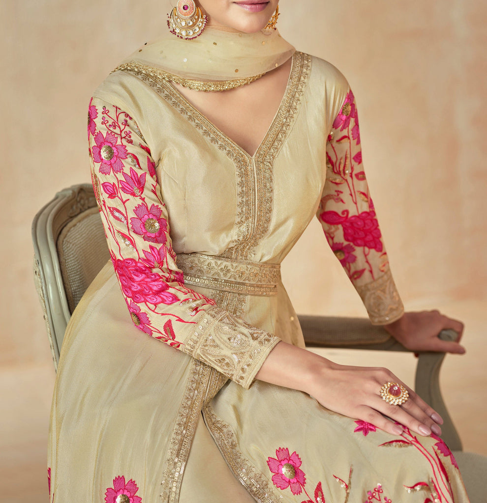 Aashirwad Zarina Gold Beige Designer Embroidered Premium Silk Anarkali Suit