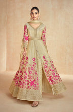 Aashirwad Zarina Gold Beige Designer Embroidered Premium Silk Anarkali Suit