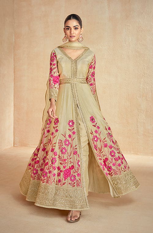 Aashirwad Zarina Gold Beige Designer Embroidered Premium Silk Anarkali Suit