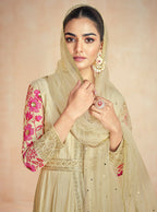 Aashirwad Zarina Gold Beige Designer Embroidered Premium Silk Anarkali Suit
