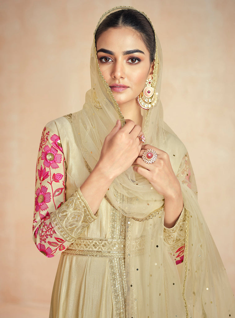 Aashirwad Zarina Gold Beige Designer Embroidered Premium Silk Anarkali Suit