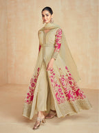 Aashirwad Zarina Gold Beige Designer Embroidered Premium Silk Anarkali Suit