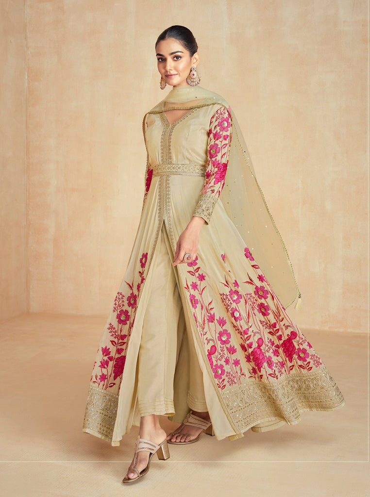 Aashirwad Zarina Gold Beige Designer Embroidered Premium Silk Anarkali Suit