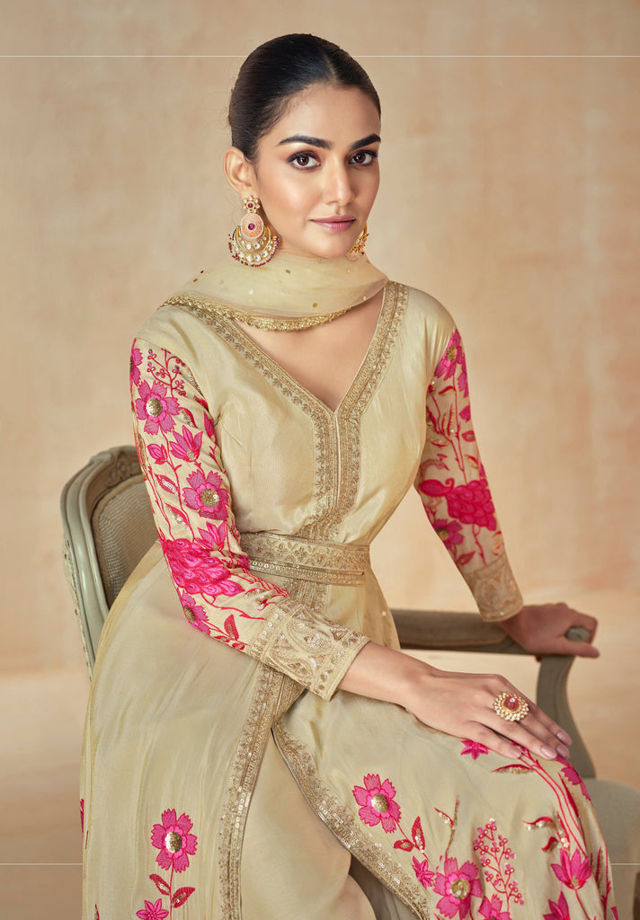 Aashirwad Zarina Gold Beige Designer Embroidered Premium Silk Anarkali Suit