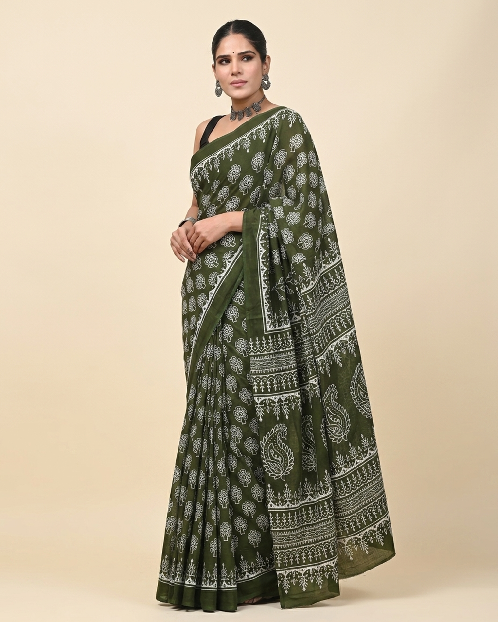 Cream Embroidered Kurta — Red & Green Floral Sleeve Work