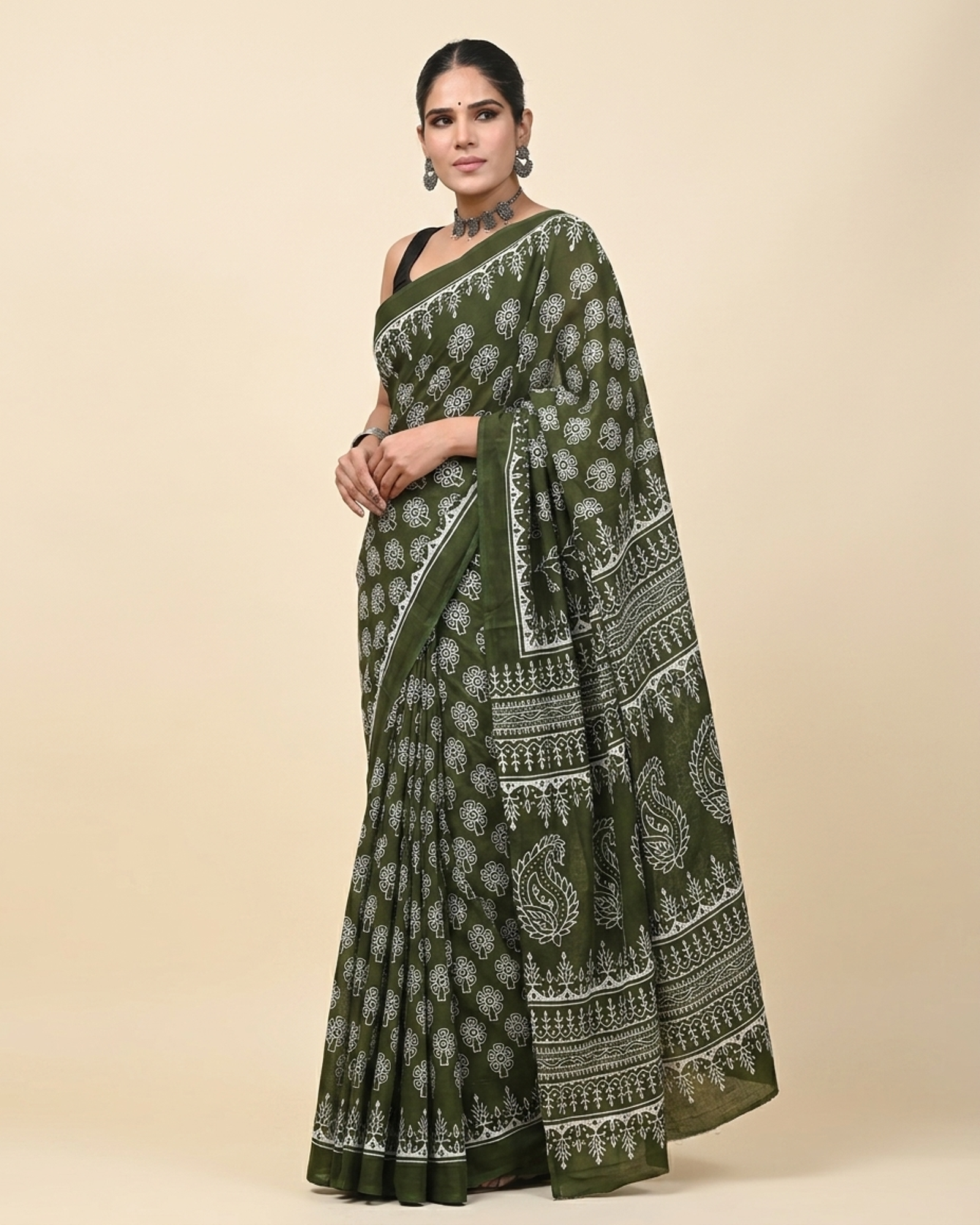 Cream Embroidered Kurta — Red & Green Floral Sleeve Work