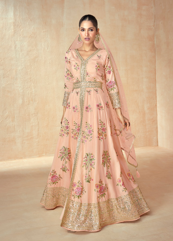 Saahmriga Women's Peach Stitched Top with Bottom and Dupatta 3/4 Sleeve Embroidered Kurta Pant Set