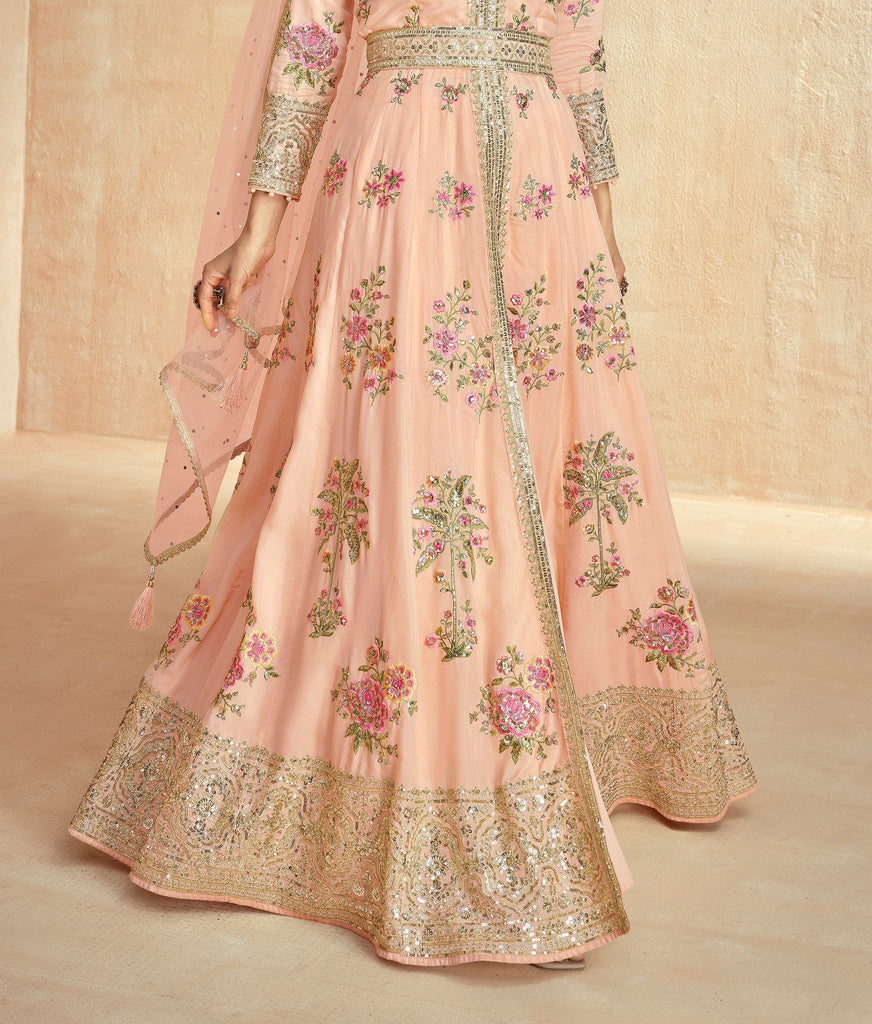Saahmriga Women's Peach Stitched Top with Bottom and Dupatta 3/4 Sleeve Embroidered Kurta Pant Set
