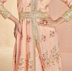 Saahmriga Women's Peach Stitched Top with Bottom and Dupatta 3/4 Sleeve Embroidered Kurta Pant Set