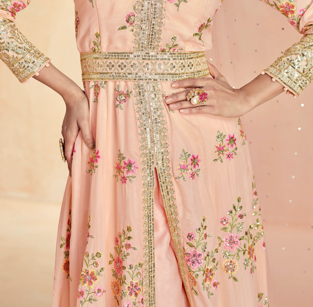 Saahmriga Women's Peach Stitched Top with Bottom and Dupatta 3/4 Sleeve Embroidered Kurta Pant Set