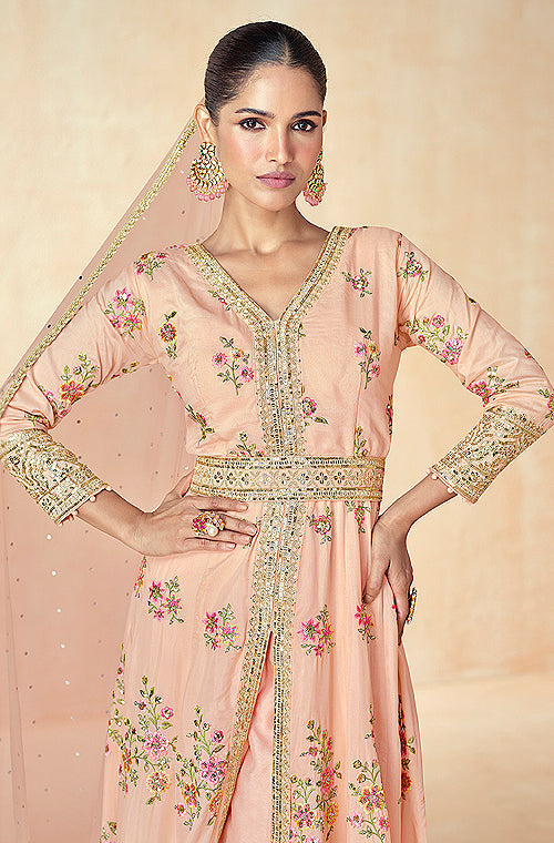 Saahmriga Women's Peach Stitched Top with Bottom and Dupatta 3/4 Sleeve Embroidered Kurta Pant Set