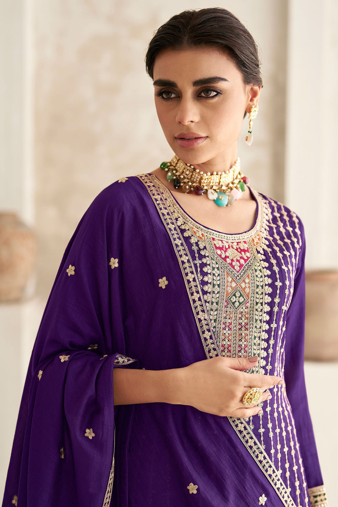 Purple Multi Embroidered Style Punjabi Suit