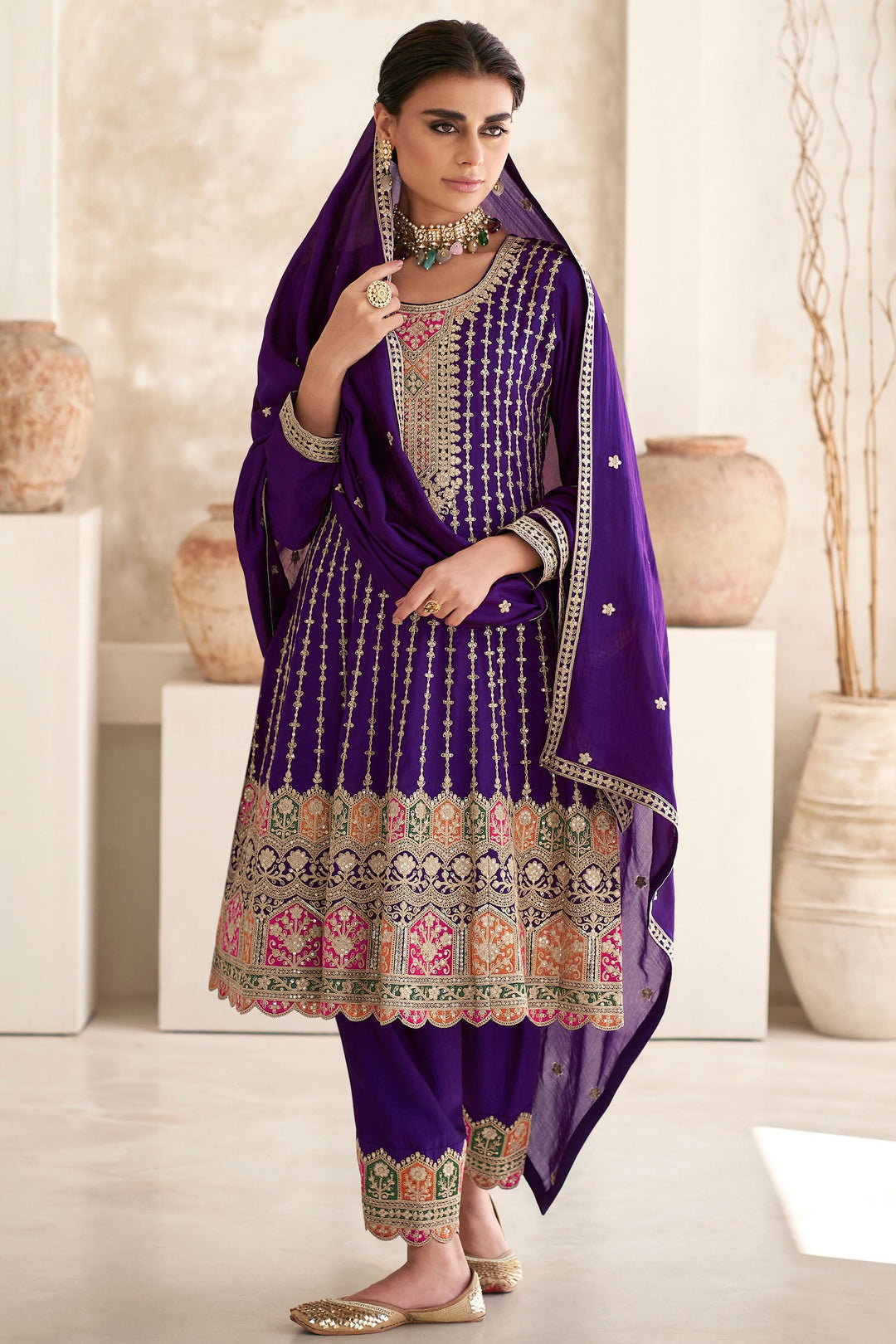 Purple Multi Embroidered Style Punjabi Suit