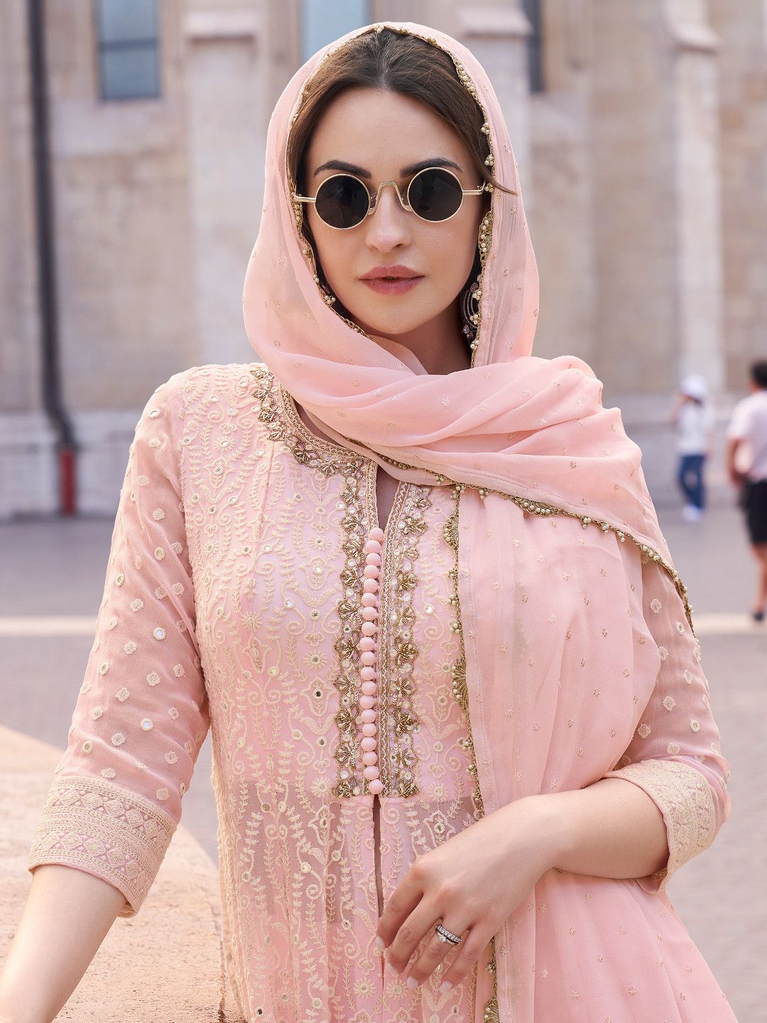 SAYURI AFSANA Yellow Embroidered Readymade Georgette Sharara Suit