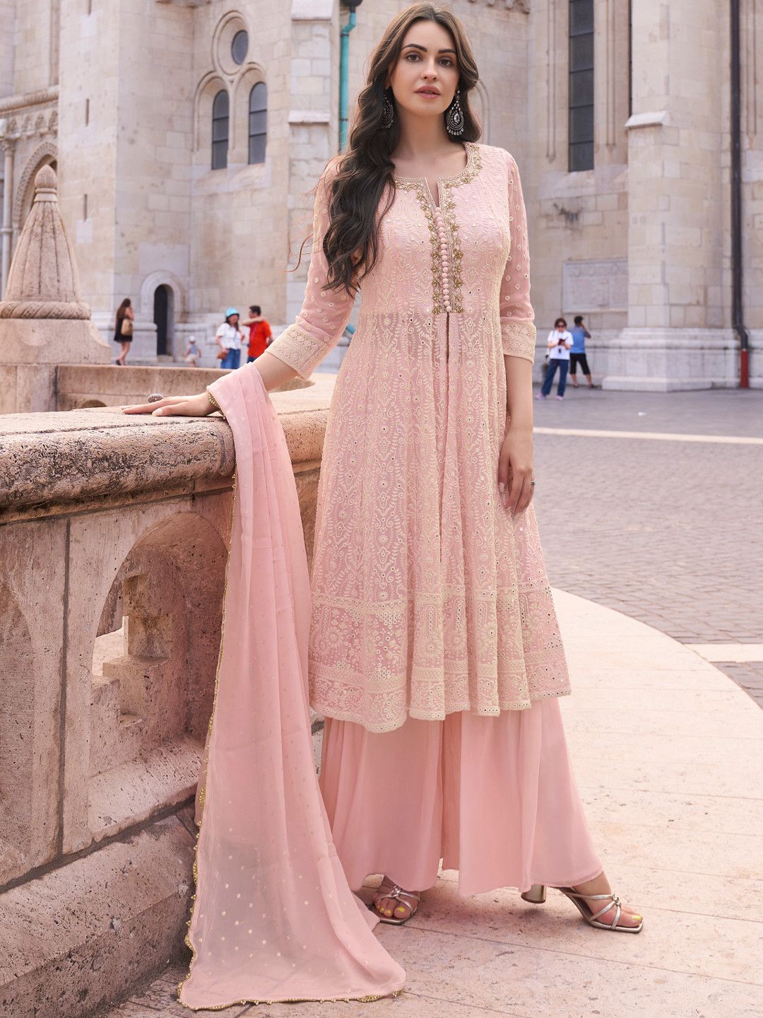 SAYURI AFSANA Yellow Embroidered Readymade Georgette Sharara Suit