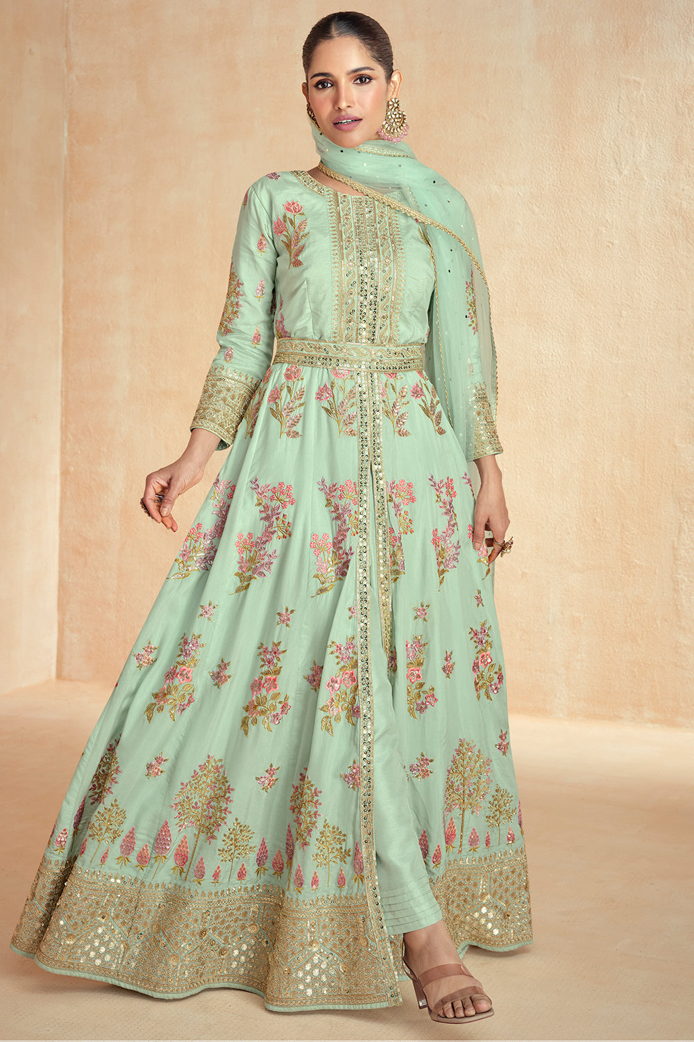 Saahmriga Women's Peach Stitched Top with Bottom and Dupatta 3/4 Sleeve Embroidered Kurta Pant Set