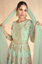 Saahmriga Women's Peach Stitched Top with Bottom and Dupatta 3/4 Sleeve Embroidered Kurta Pant Set