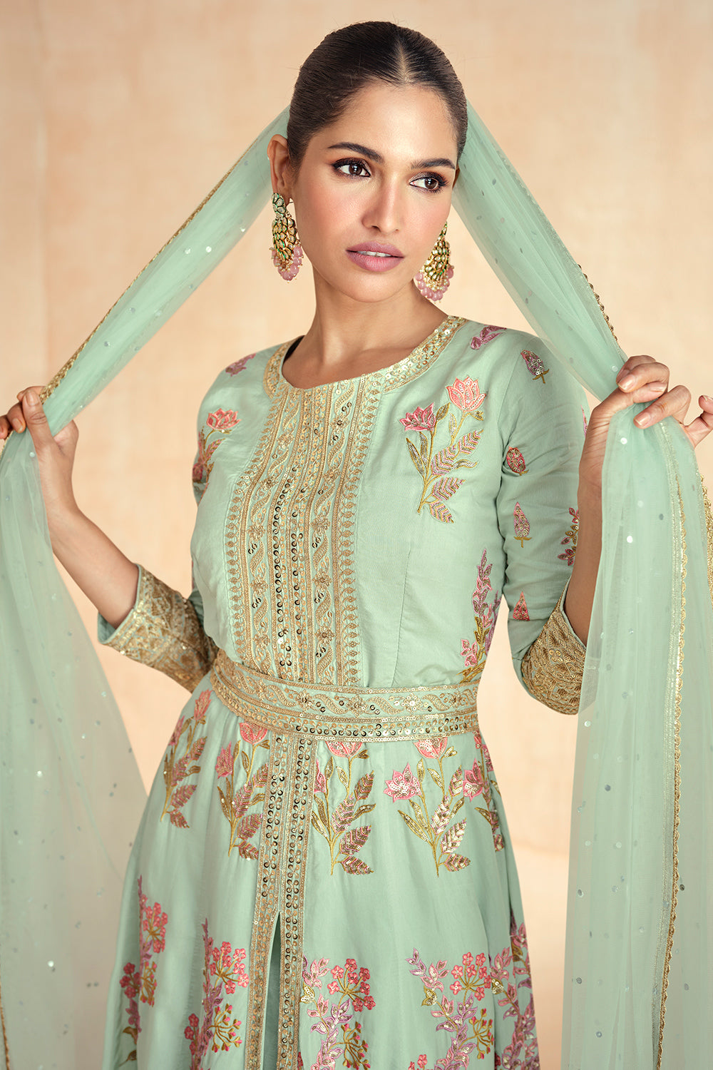 Saahmriga Women's Peach Stitched Top with Bottom and Dupatta 3/4 Sleeve Embroidered Kurta Pant Set
