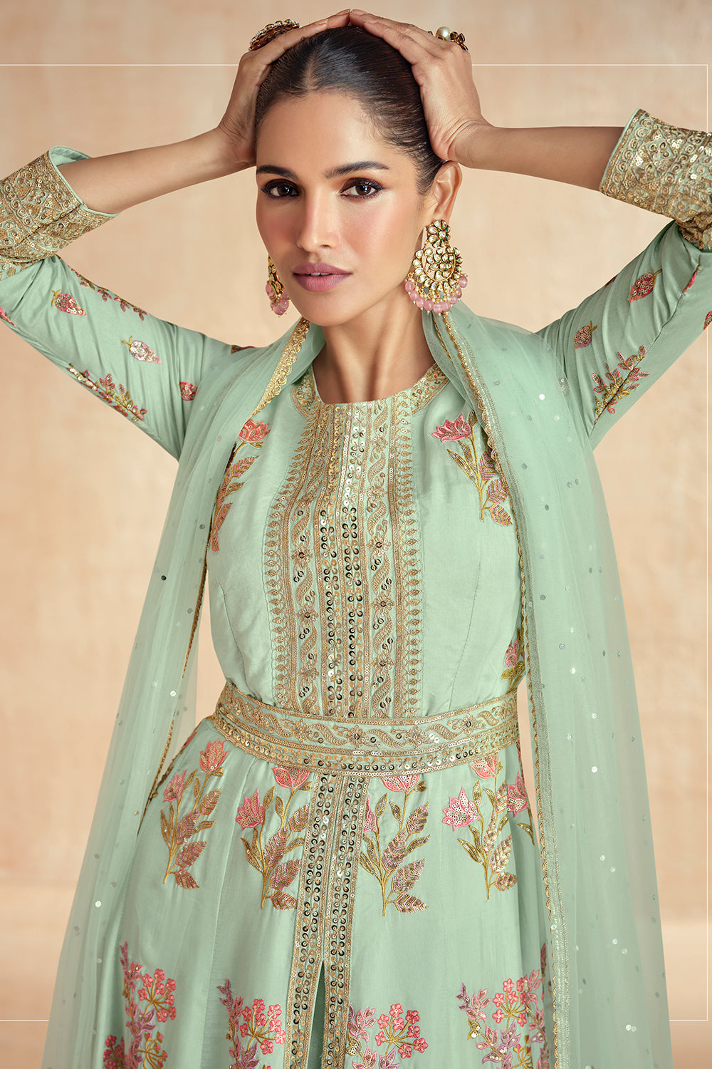 Saahmriga Women's Peach Stitched Top with Bottom and Dupatta 3/4 Sleeve Embroidered Kurta Pant Set