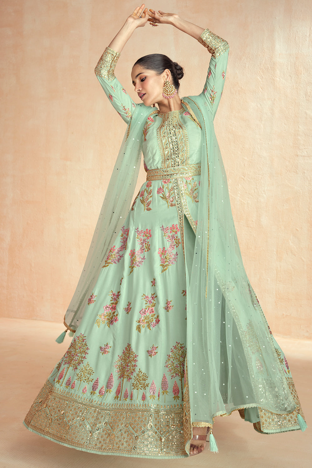 Saahmriga Women's Peach Stitched Top with Bottom and Dupatta 3/4 Sleeve Embroidered Kurta Pant Set